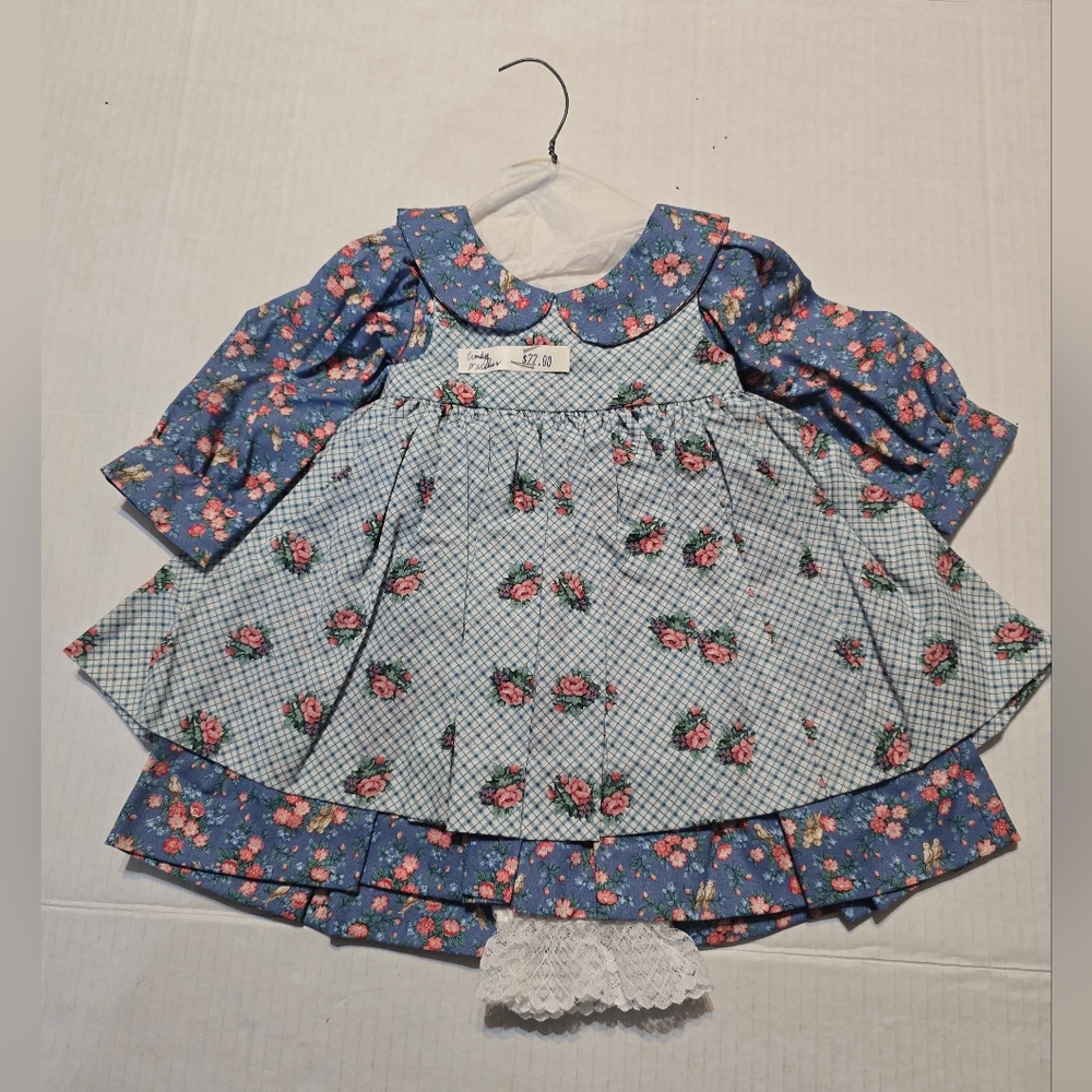 New 3 Pc Doll Dress Blue Apron Frilly Pleated Skirt Pantaloon Underwear Red Rose